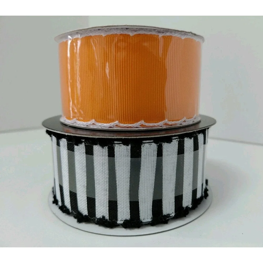 SET of 2 Ribbons Polyester Halloween 1.5 in x 3 yd orange 1.5 in x 10 yd Striped